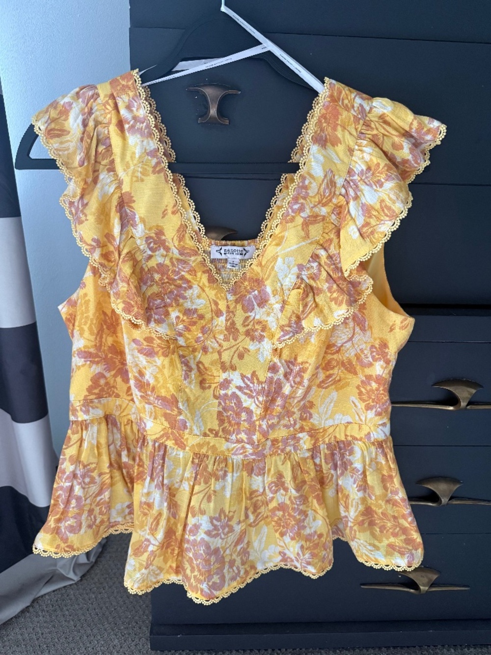 Nanette Lepore Yellow Floral Ruffle Peplum Top Size L